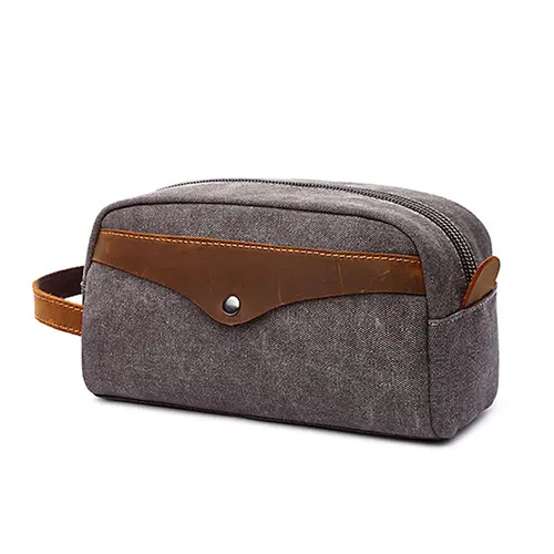 Vintage Leather Canvas Travel Mens Minimalist Toiletry Plain Makeup Bag